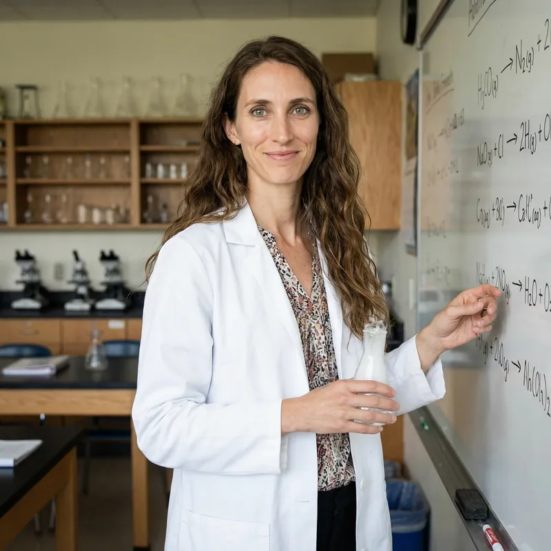 Tall Female Science Teacher with Brown Hair and Green Eyes - Classroom Educator