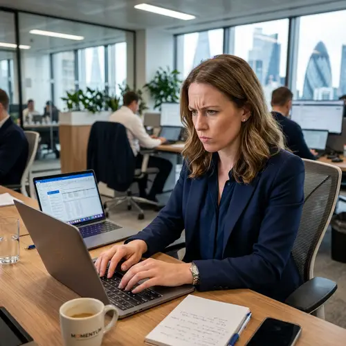 Caucasian Businesswoman in Navy Blue Suit Working on Laptop