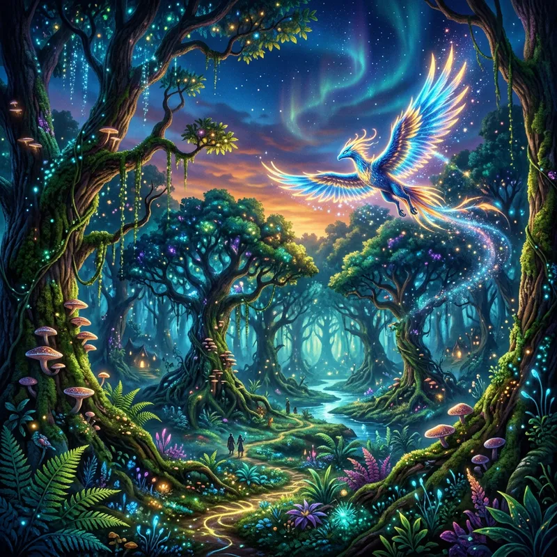 Enchanting Forest Scene with Glowing Fantasy Creature - Magical Beauty Enchanting Forest Scene with Glowing Fantasy Creature - Magical Beauty