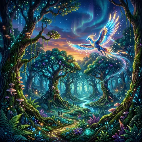 Mystical Forest with Glowing Magical Creature - Fantasy Scene