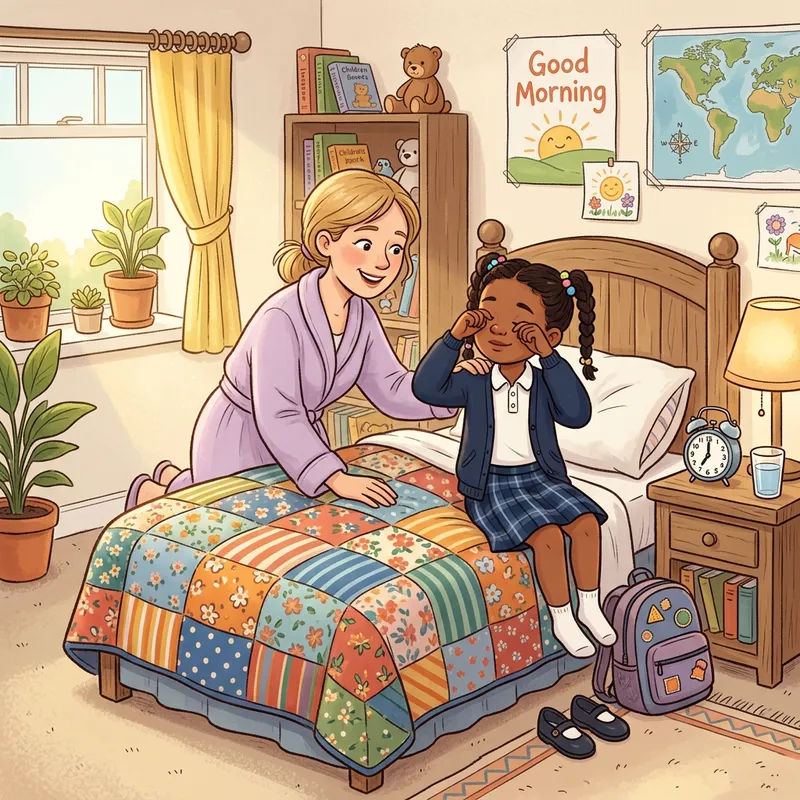 Charming Cartoon Scene: Mom Waking Up School-bound Daughter