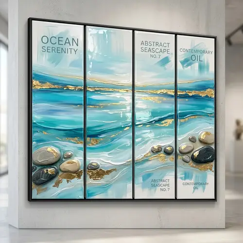 Abstract Seascape Oil Painting with Vibrant Blue Tones and Gilded Touch