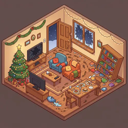 Cartoonish Isometric Crime Scene in Living Room