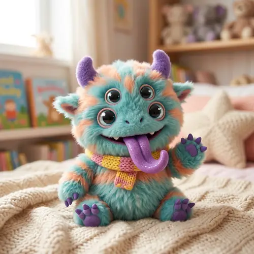 kawaii monster with 4 eyes bright purple tong out