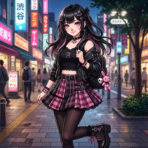 Anime Style Girl with Pink Eyes and Black Hair | Intriguing Artwork