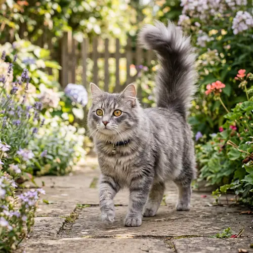 Graceful Domestic Cat with Fluffy Fur in Varying Shades of Grey