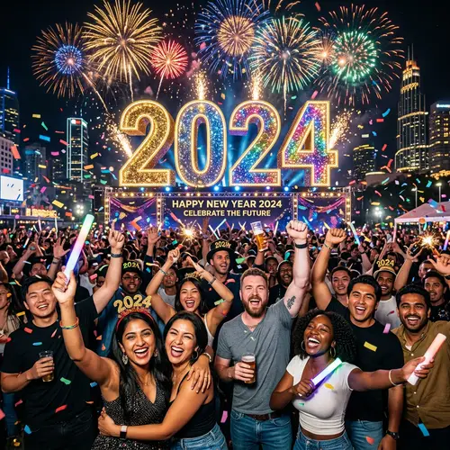 2024 New Year Celebration with People Cheering - Festive Scene