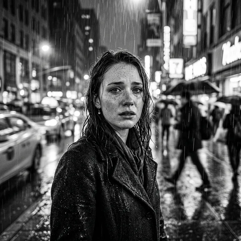 Emotional Rainfall Portrait of Freckled Young Woman in 4k Black and White