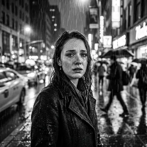 Emotional Black and White Portrait of Young Freckled Woman in Rainfall