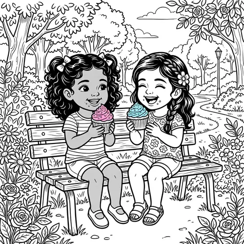Coloring Page: Twin Girls Eating Cupcakes in the Park