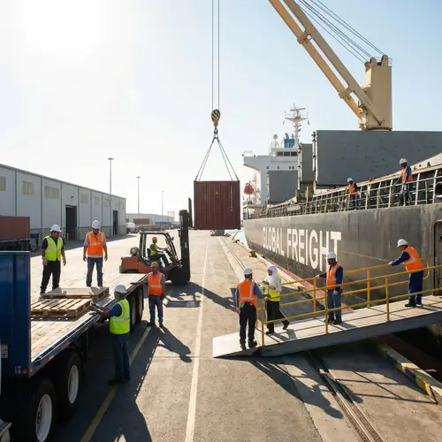 Diverse Workers Loading Goods into Freight Truck, Container & Ship