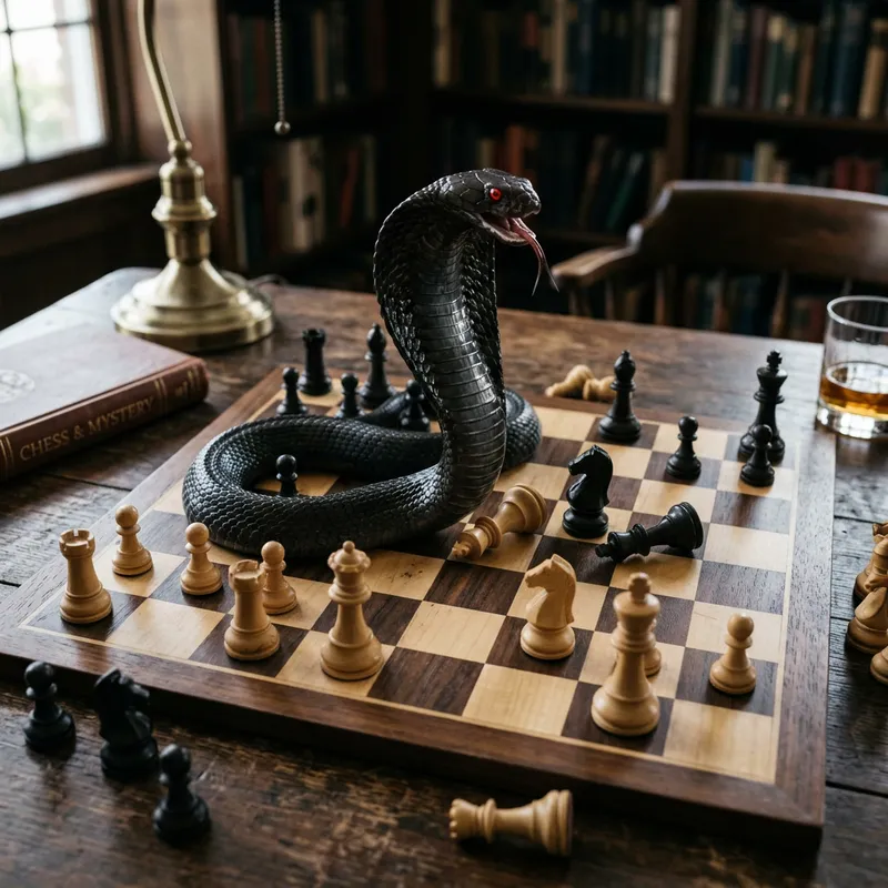 Black Cobra on Chess Board: Tense Encounter with Striking Serpent