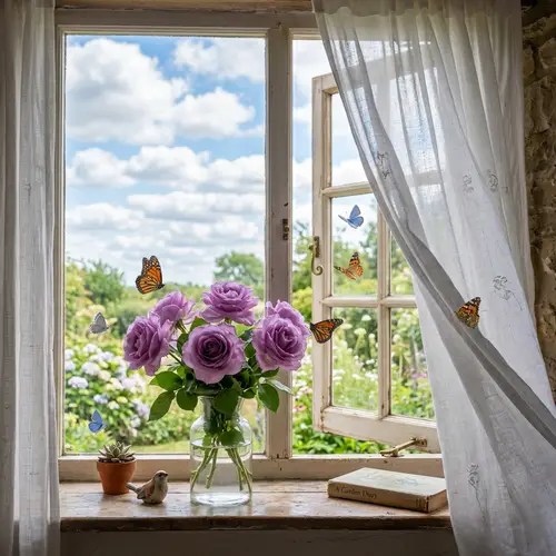 Delicate Purple Roses on Windowsill with Dancing Butterflies