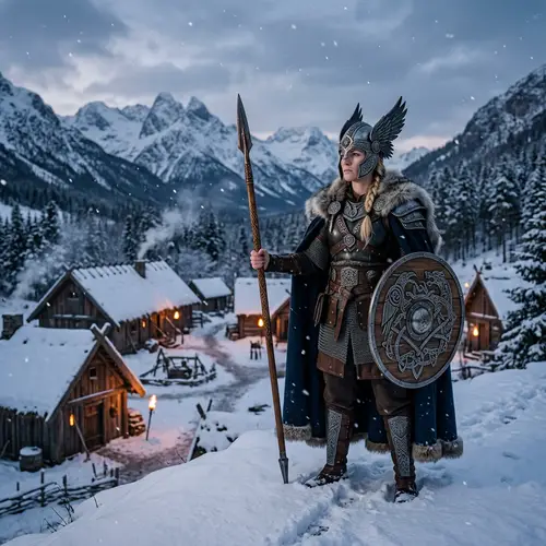 Caucasian Female Valkyrie in Snowy Nordic Village Scene