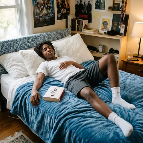 Black Teenager Relaxing on Bed | Soft Blue Blanket & Book