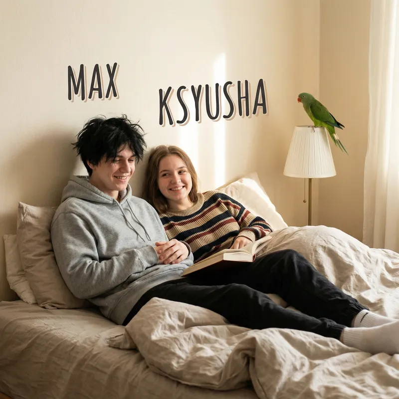 Max and Ksyusha, 18-Year-Old Characters on Bed with Parrot