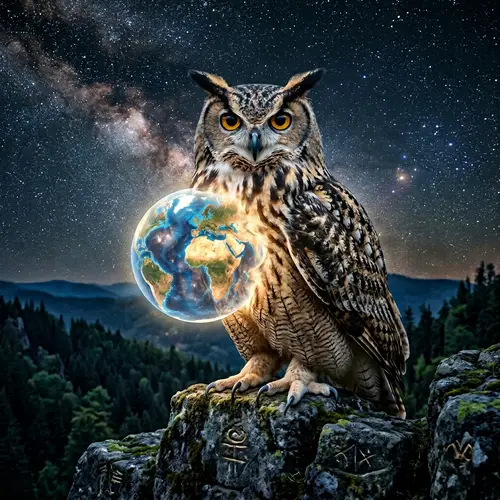 Intricately Detailed Globe Being Pushed Into Majestic Owl