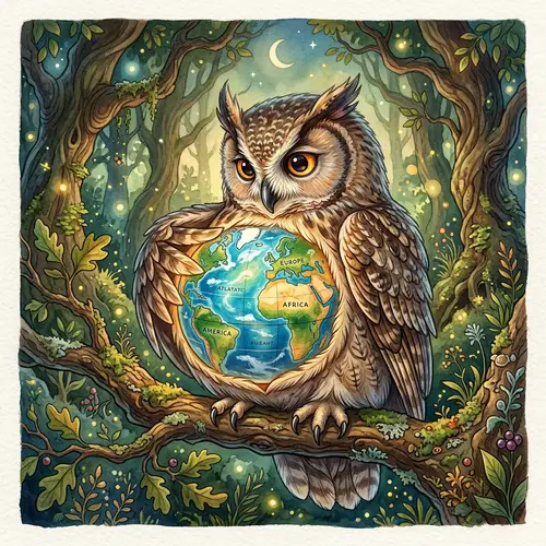 Whimsical Earth Globe in Owl's Body - Natural World Wisdom