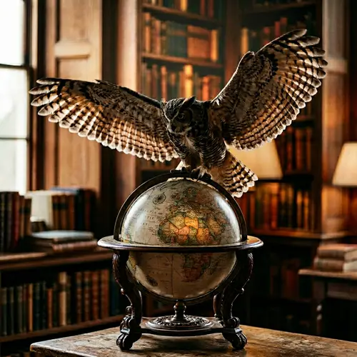 Owl Landing on Earth Globe | Majestic Wood Stand