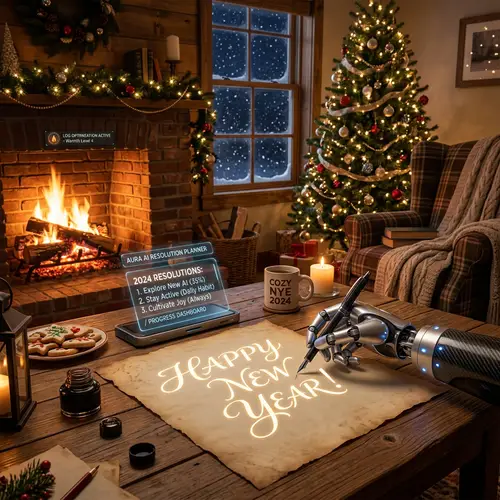 Cozy New Year's Greetings with AI Technology | Festive & Futuristic Decor