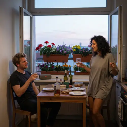 City Apartment Kitchen Scene at Dawn: A Story of Playful Interaction