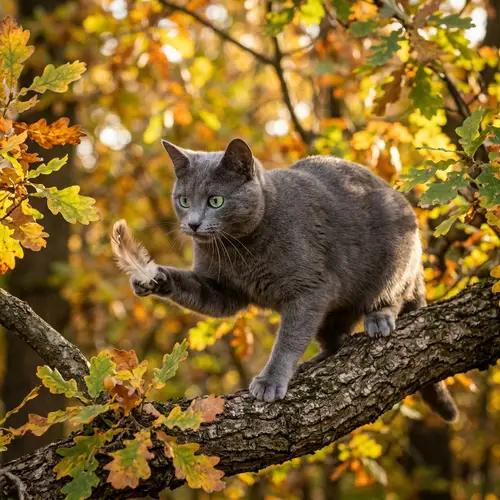 Sleek Gray Domestic Cat Playing with Feather on Oak Tree Branch