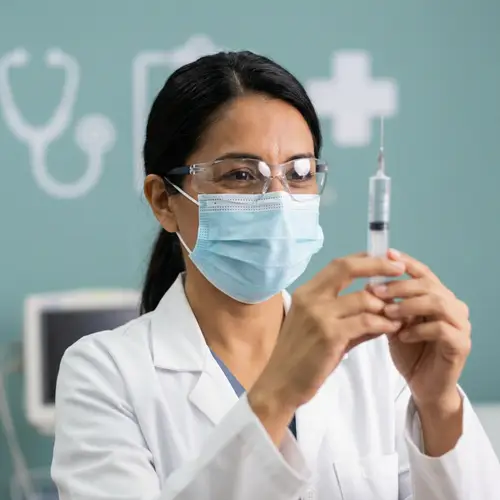 Hispanic Woman Doctor with Syringe | Medical Professional