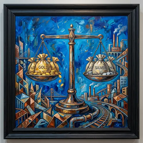 Economic Stability Art: Balanced Scale with Gold and Silver Coins