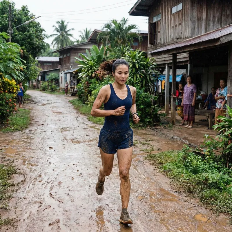 Thai Woman Running in Mud | Outdoor Fitness Leotard