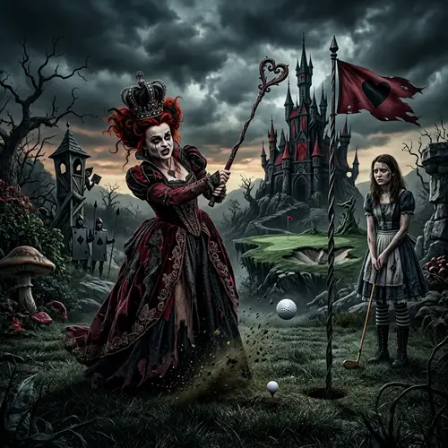 Mad Red Queen Plays Golf with Alice – Tim Burton Style