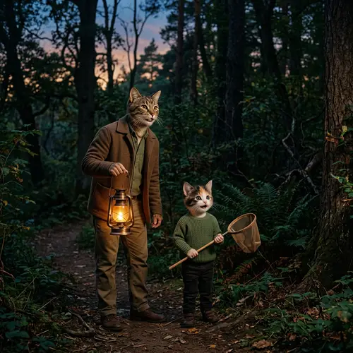 Cat-Faced Man and Kitten Son Explore Dense Forest