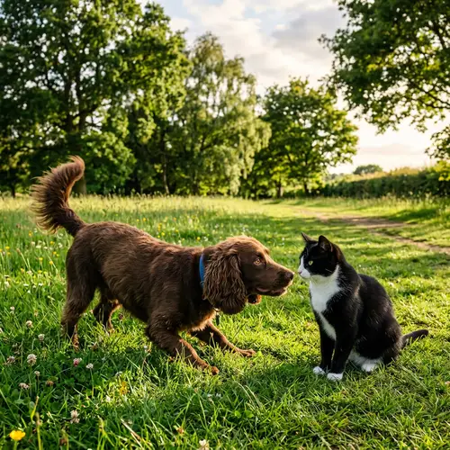 Adorable Dog and Cat Friendship in the Sunlit Field