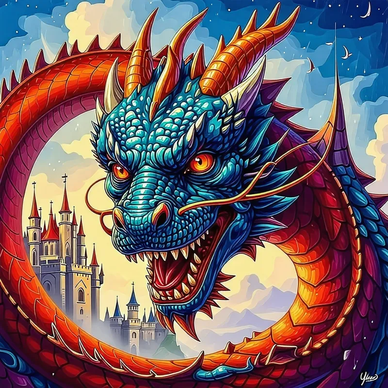 Vibrant Mythical Dragon Painting | Fantasy Castle Art Vibrant Mythical Dragon Painting | Fantasy Castle Art