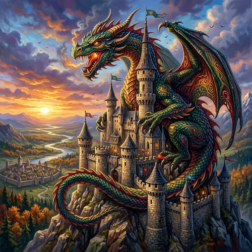 Vibrant Mythical Dragon Painting | Fantasy Castle Art