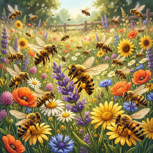 Buzzing Bees Collecting Pollen from Flowers - Illustration