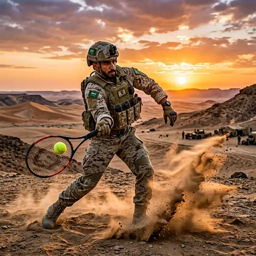 Middle-Eastern Soldier Swings Tennis Racket in Desert Setting