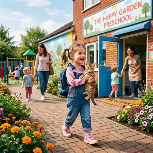 Little Girl Takes Her Kitten to Preschool
