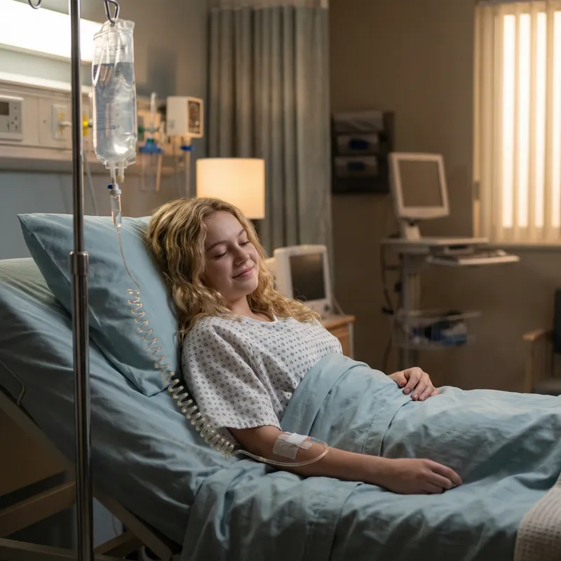 Serene Teen Girl in Hospital Bed with IV | Ambient Setting