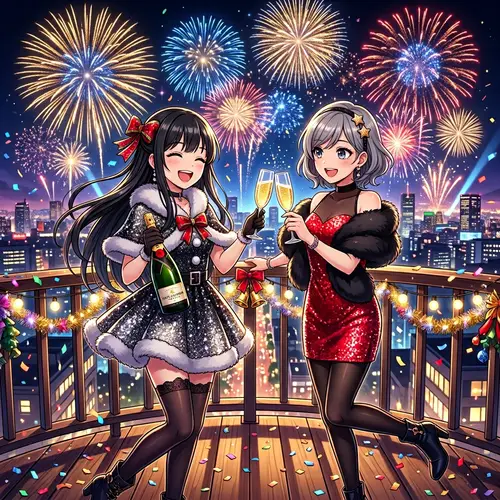 New Year's Anime Style Girls with Champagne and Fireworks