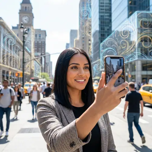 Sleek Brunette Woman Capturing Urban Energy | Chic Cityscape