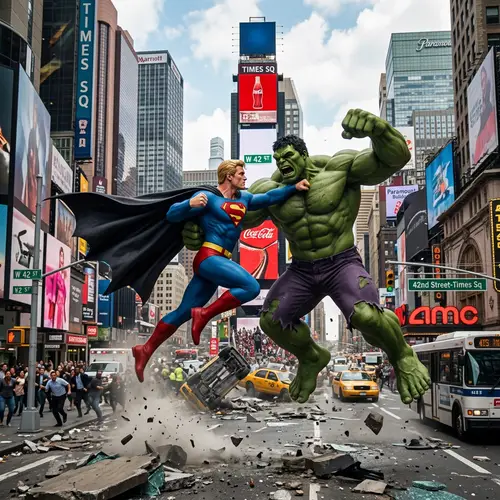 Blonde Superman with Batman Cape Battles Hulk in NYC