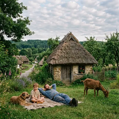 Charming Village Scene with Man and Son
