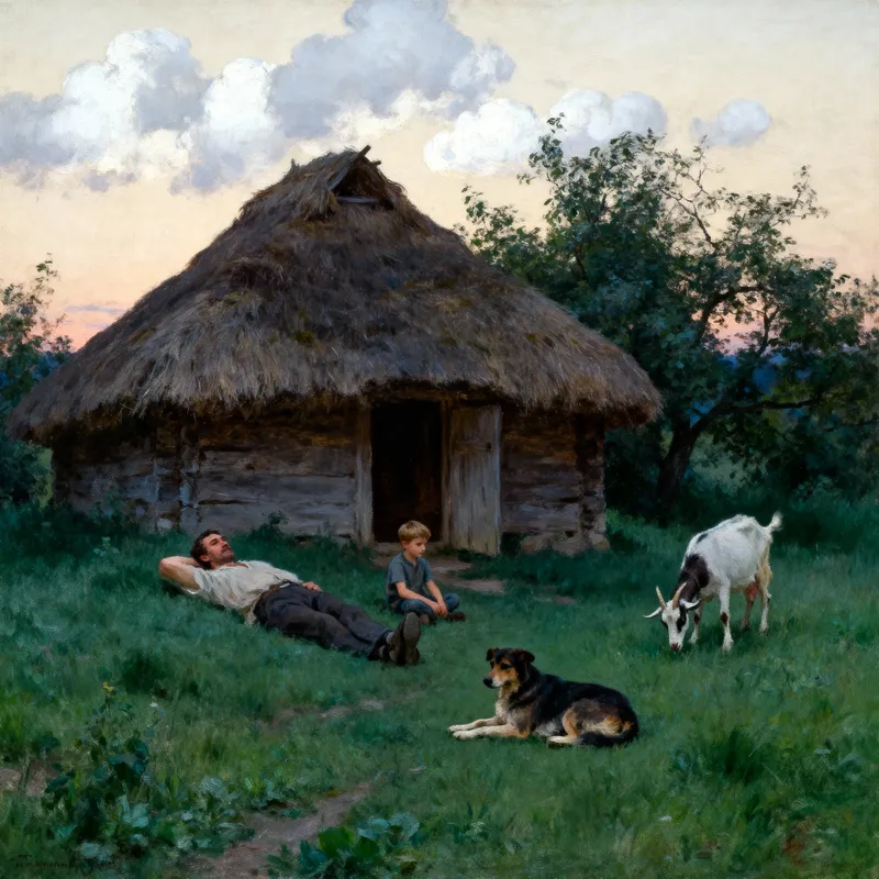 Charming Village Scene with Man and Son