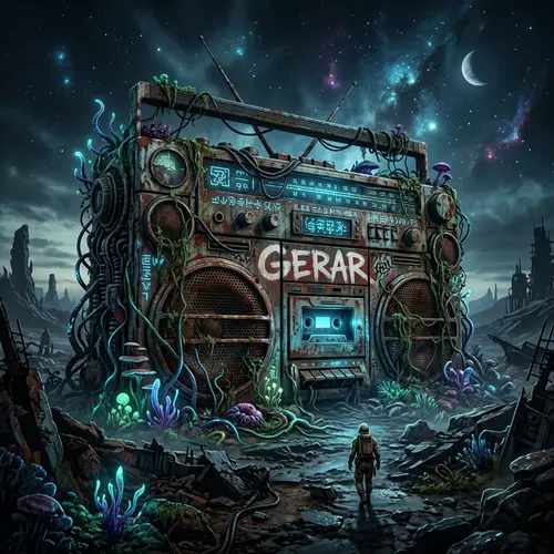 Abandoned Boombox in a Bioluminescent Wasteland