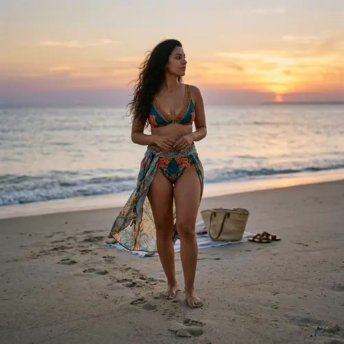 Tranquil Beach Scene with Confident Woman at Sunset