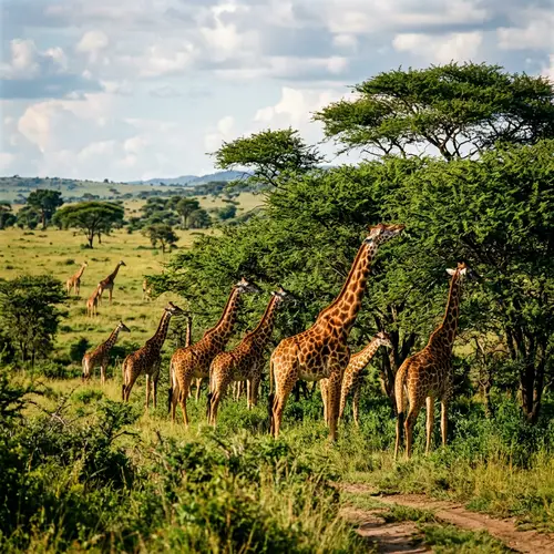 Majestic Giraffes Feeding on Green Canopy - Wildlife Photography