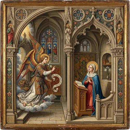 Classic Gothic Style Annunciation Scene Depicting Archangel Gabriel and Virgin Mary