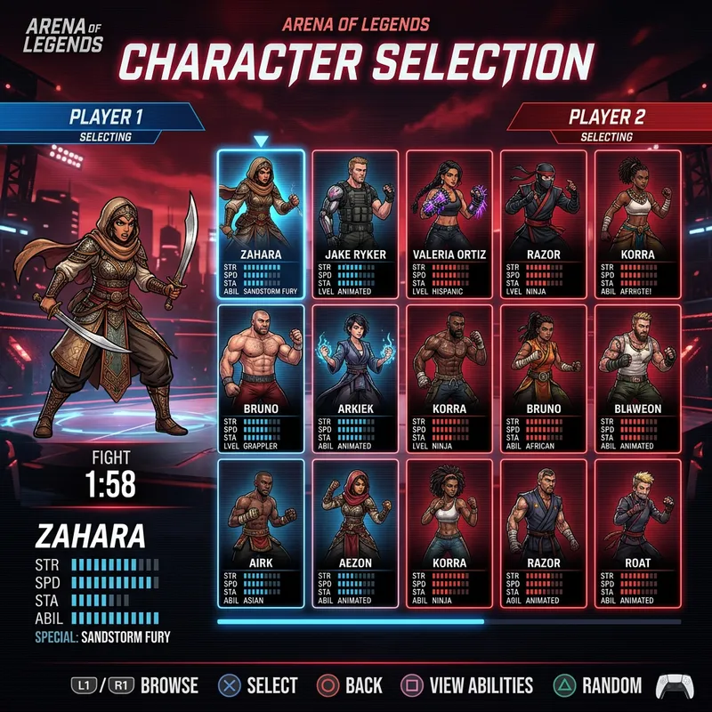 Character Selection Screen for Fighting Game | Diverse Avatars Character Selection Screen for Fighting Game | Diverse Avatars