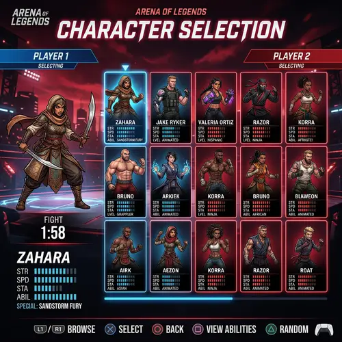Fighting Game Character Selection Screen | Diverse Avatars