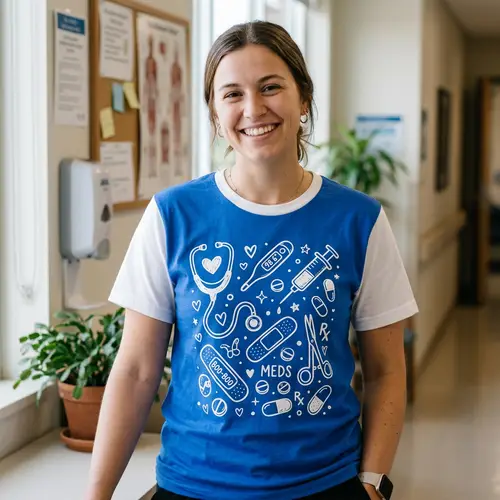 White and Blue Medical Tools Doodle T-Shirt | Casual & Playful Design